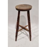 19th century turned hardwood stool with circular top, ball knopped uprights and saltire stretcher,