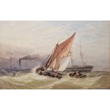 Alfred Herbert (1818-1861) Watercolour Seascape with steamship towing a barque, Inscribed