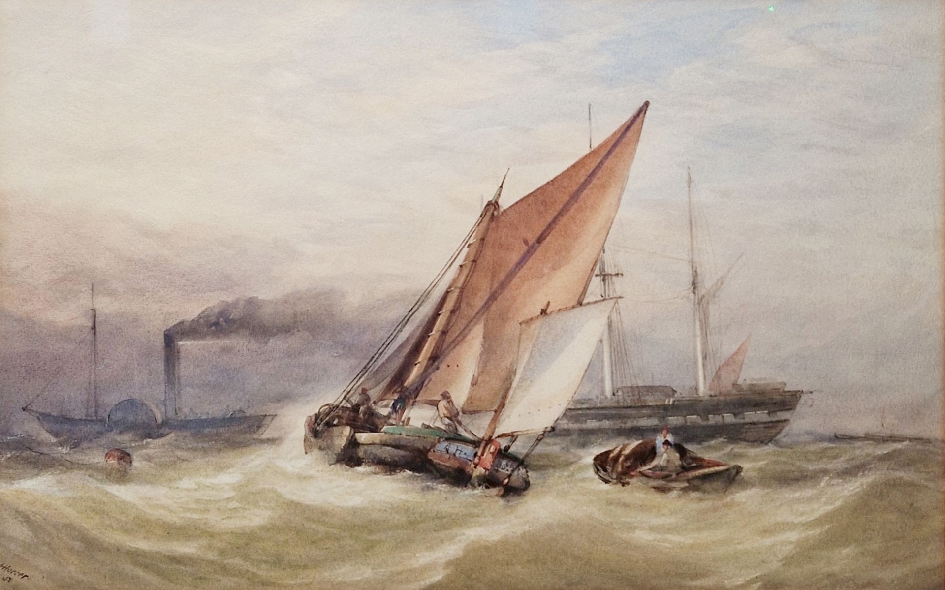 Alfred Herbert (1818-1861) Watercolour Seascape with steamship towing a barque, Inscribed