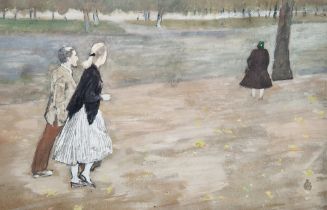 Mid-20th century school Pastel and gouache on card A couple walking in parkland, (unsigned), 50.