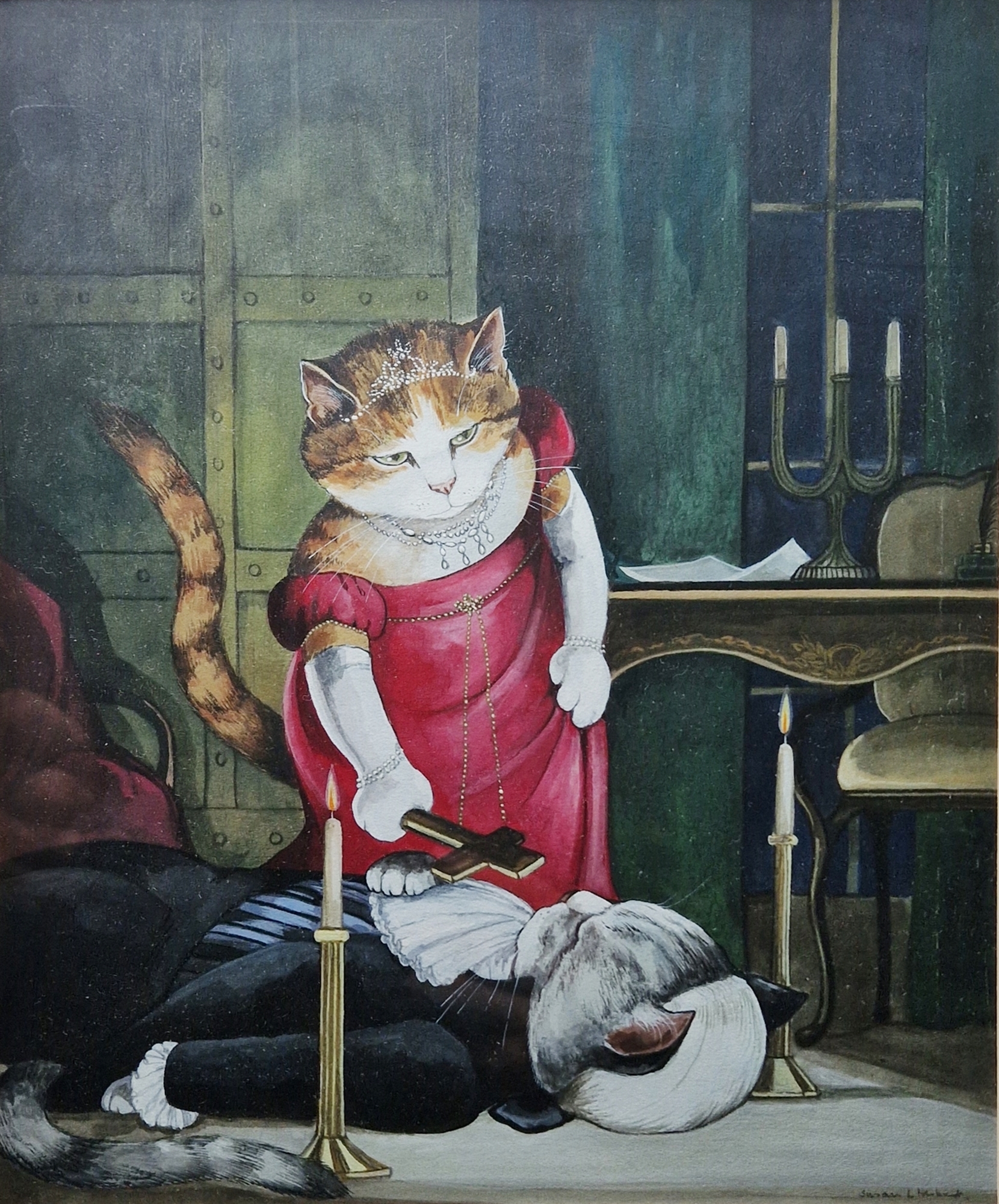 Susan Herbert (21st Century) Watercolour and gouache on paper Opera Cats, Tosca Act II, signed lower