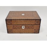 19th century Tunbridgeware box having allover parquetry inlay and two mother-of-pearl shield-