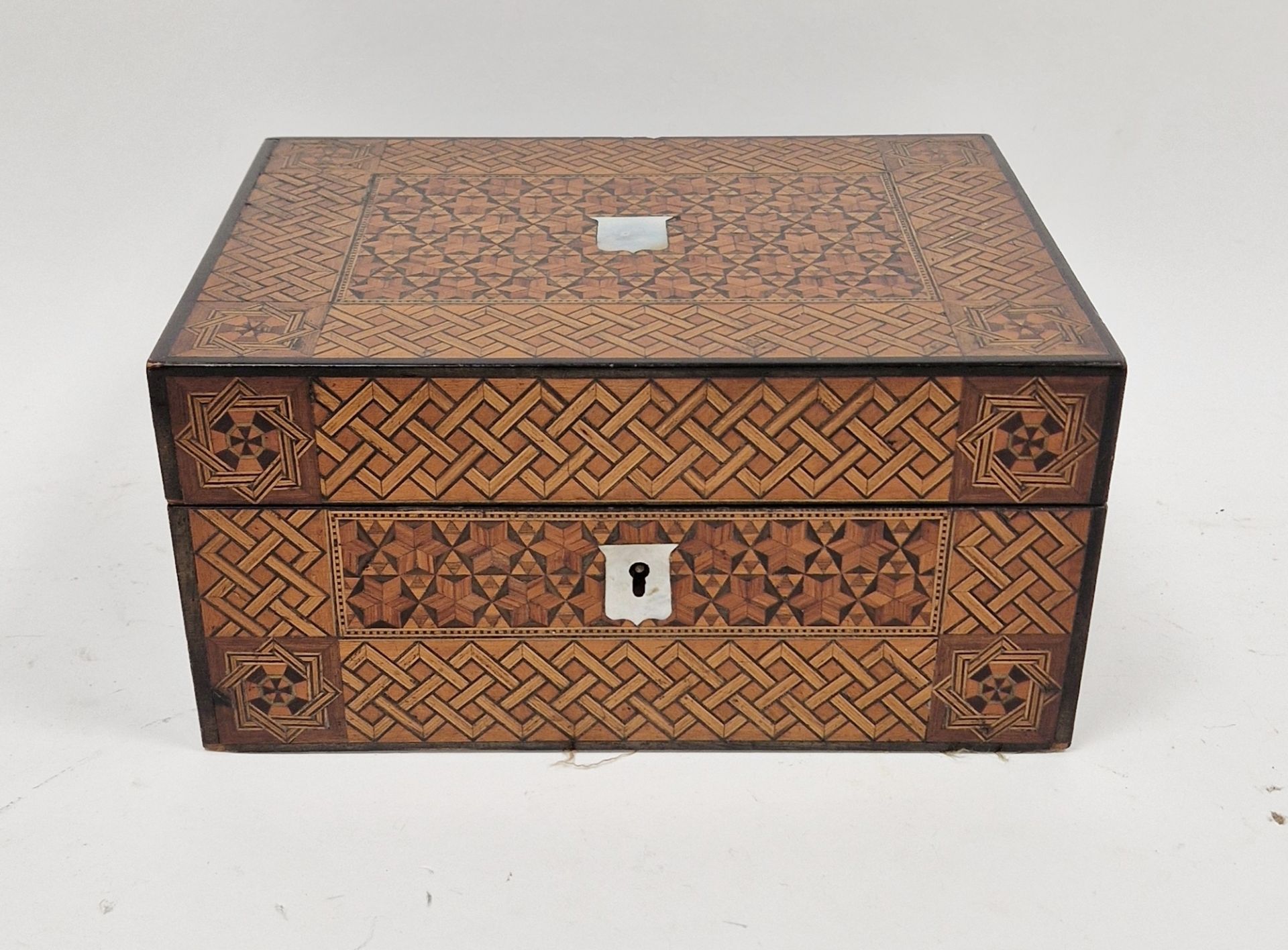 19th century Tunbridgeware box having allover parquetry inlay and two mother-of-pearl shield-