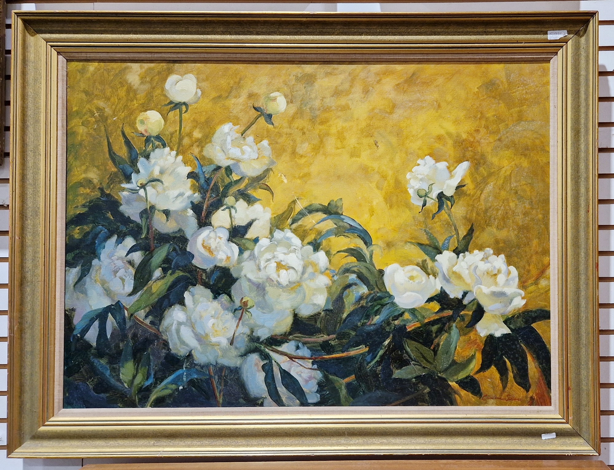 Caroline Sillars (1933-1988) Oil on canvas Still life study of white roses, signed lower right, 66cm - Image 2 of 6