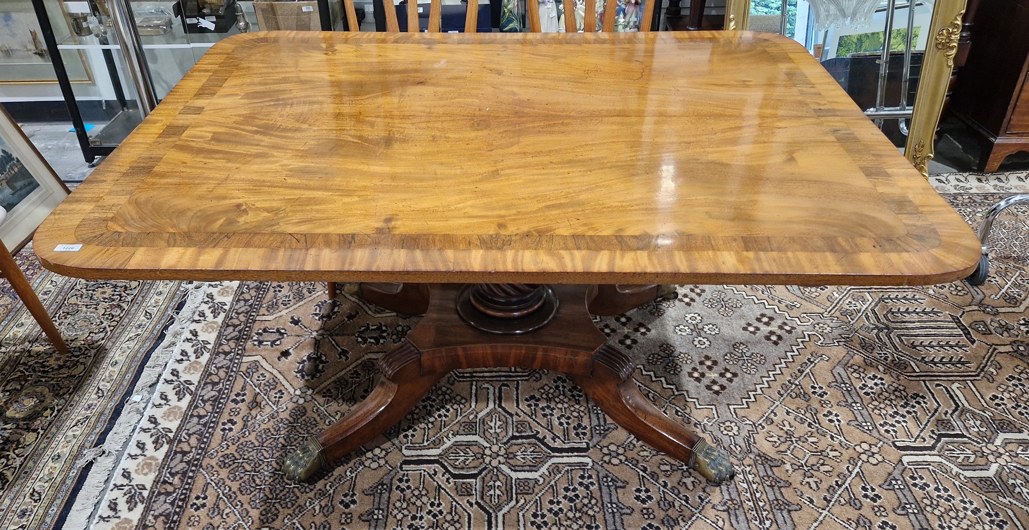 Regency mahogany breakfast table, rectangular with curved corners, rosewood inlaid banding, on large - Image 14 of 26