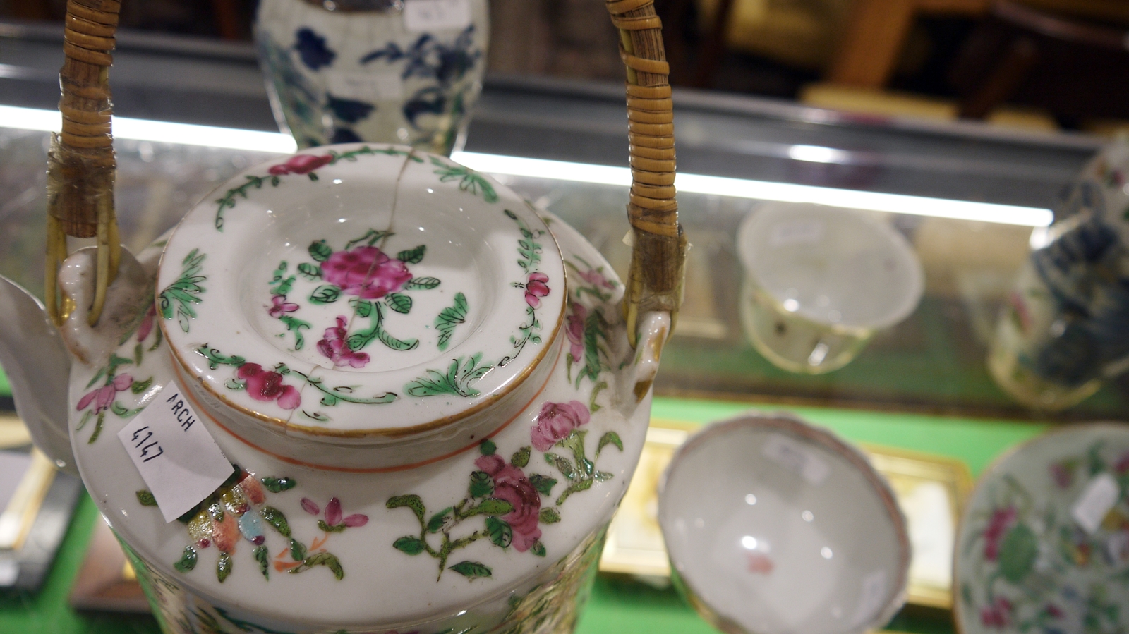 Canton famille rose cylindrical tea kettle and cover, an oviform vase, a pair of Kangxi blue and - Image 5 of 15