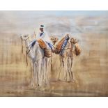 Elder (20th century) Watercolour and pastel Middle Eastern scene with two camels and rider, signed