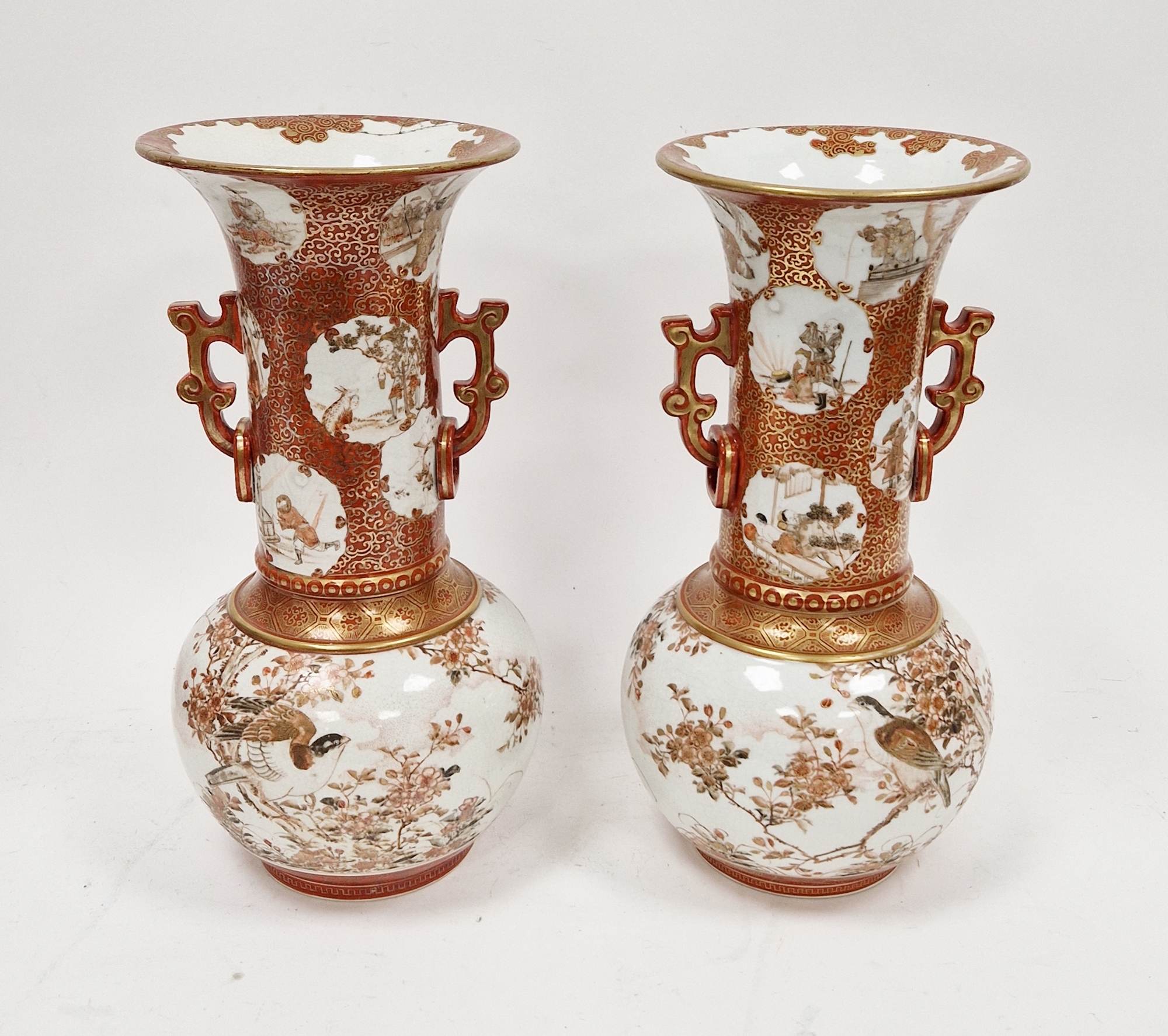 Pair of Japanese Meiji period (1868-1912) Satsuma vases, iron red character marks to base, each