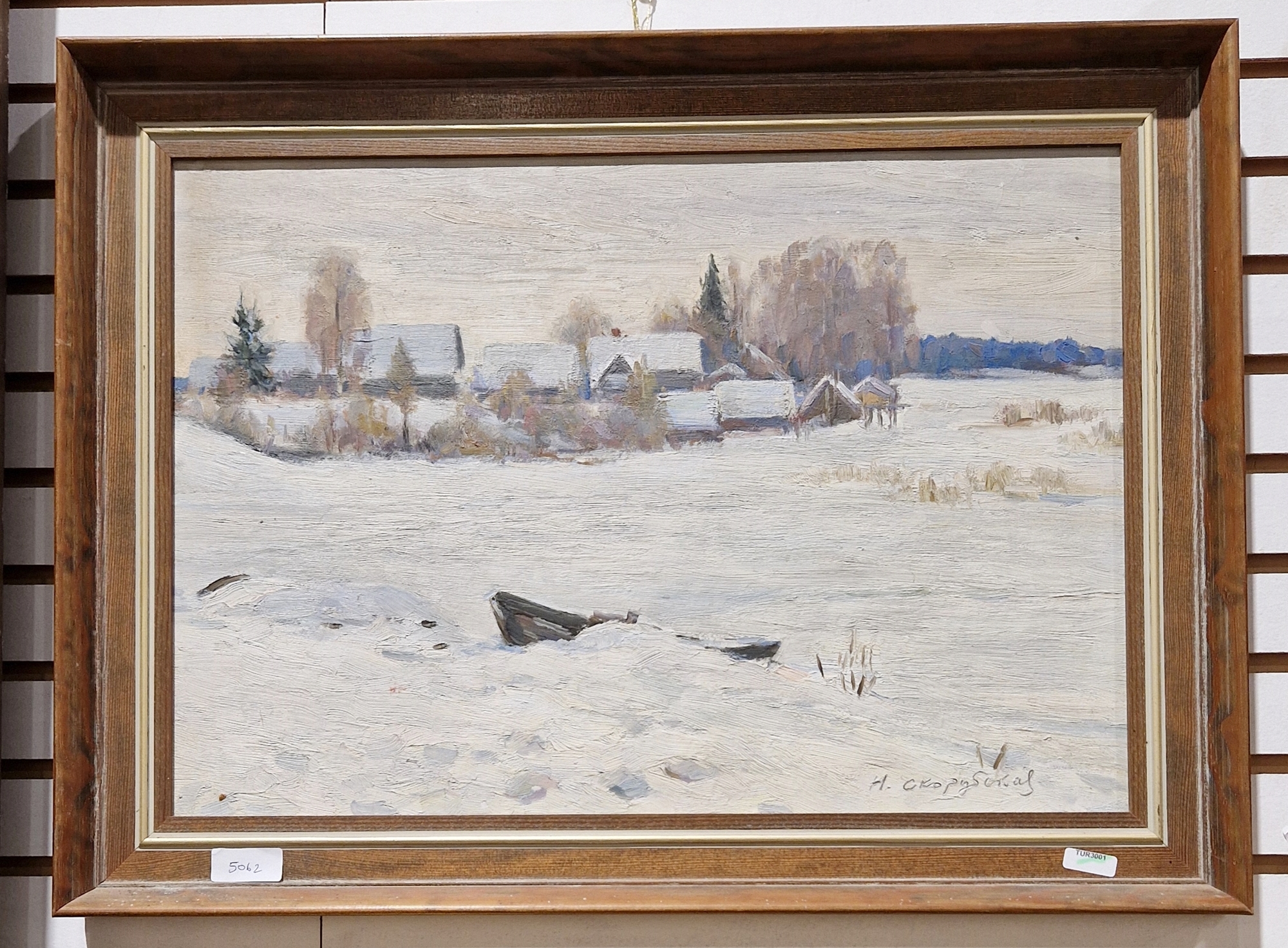 Nina Vasiljevna Skorubskaja (1918-2010) Oil on board Hamlet in winter landscape, signed lower right, - Image 2 of 6