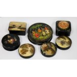 Collection of Russian lacquered small boxes including a circular one depicting a camp scene,