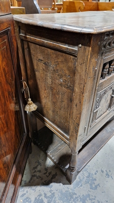 18th century oak dole cupboard, the two cupboard doors with turned spindle sections, carved and - Image 7 of 25