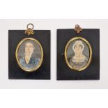 Two 19th century portrait miniatures of lady and gentleman, both mounted in ebonised frames and