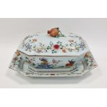 Chinese export famille rose porcelain tureen, cover and stand, 18th century, oblong with canted