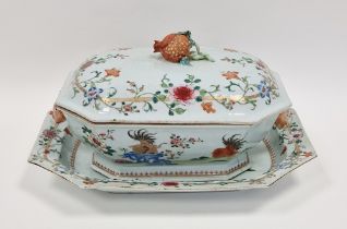 Chinese export famille rose porcelain tureen, cover and stand, 18th century, oblong with canted