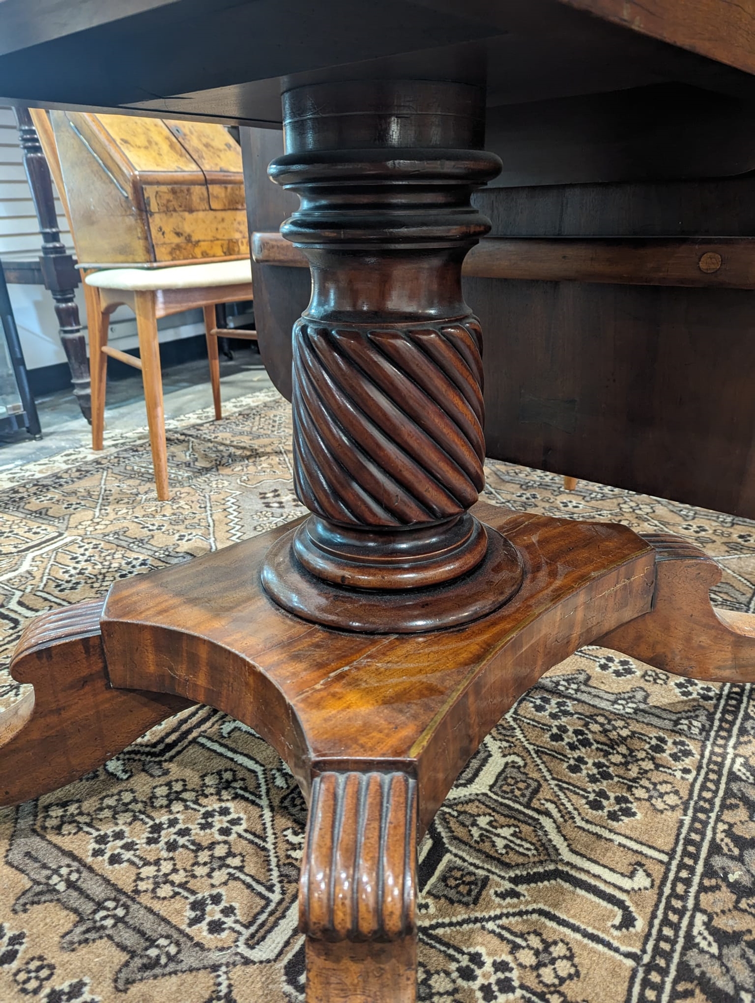 Regency mahogany breakfast table, rectangular with curved corners, rosewood inlaid banding, on large - Image 8 of 26