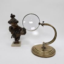 Vintage brass table-top adjustable magnifying glass on circular base, 23cm high x 18cm diameter to