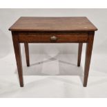 Oak side table with single long drawer having brass cup handle, on square tapering supports, 77cm