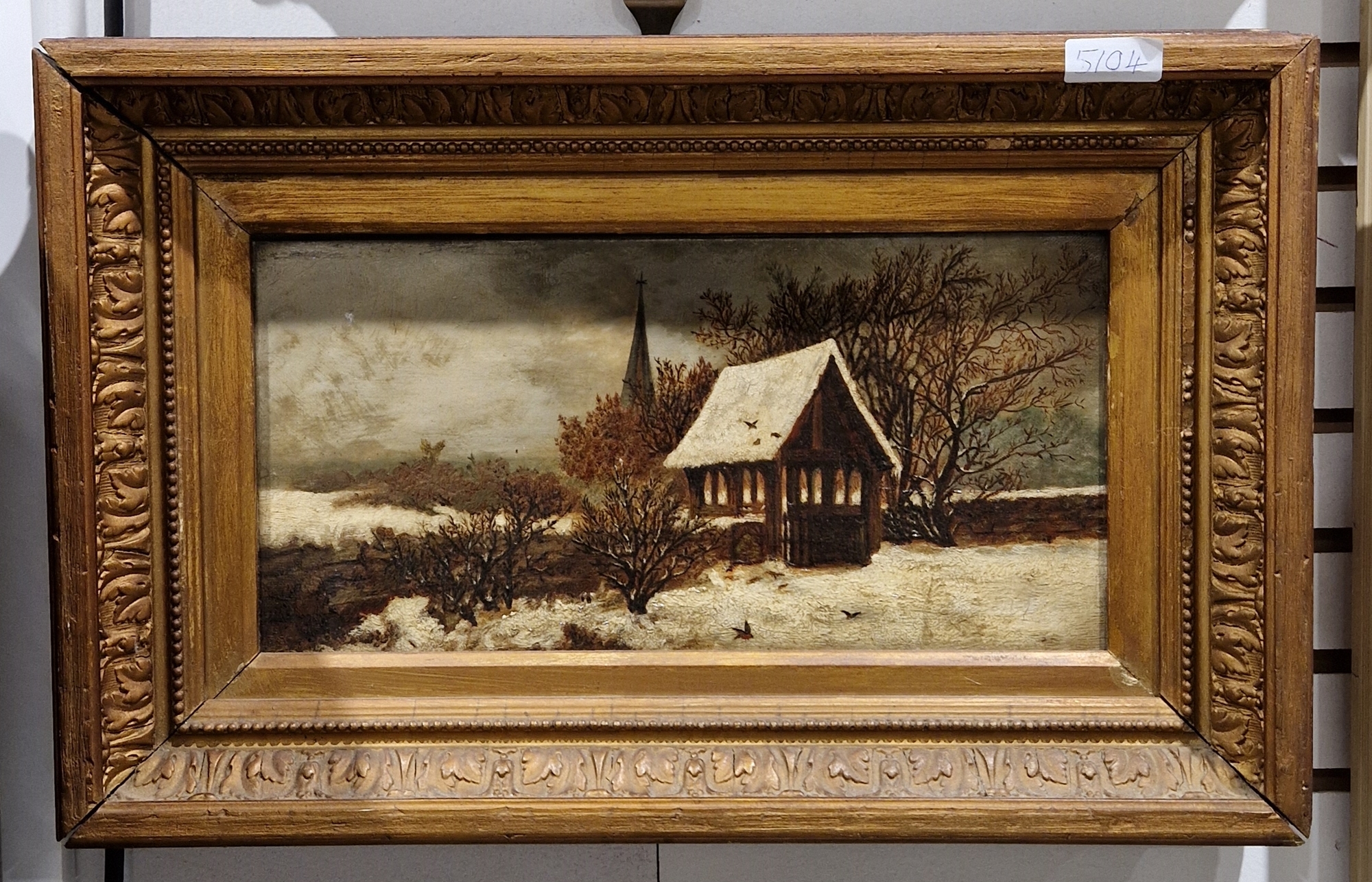 19th century school Oil on canvas Winter scene with lychgate and church spire in distance, unsigned, - Image 4 of 4