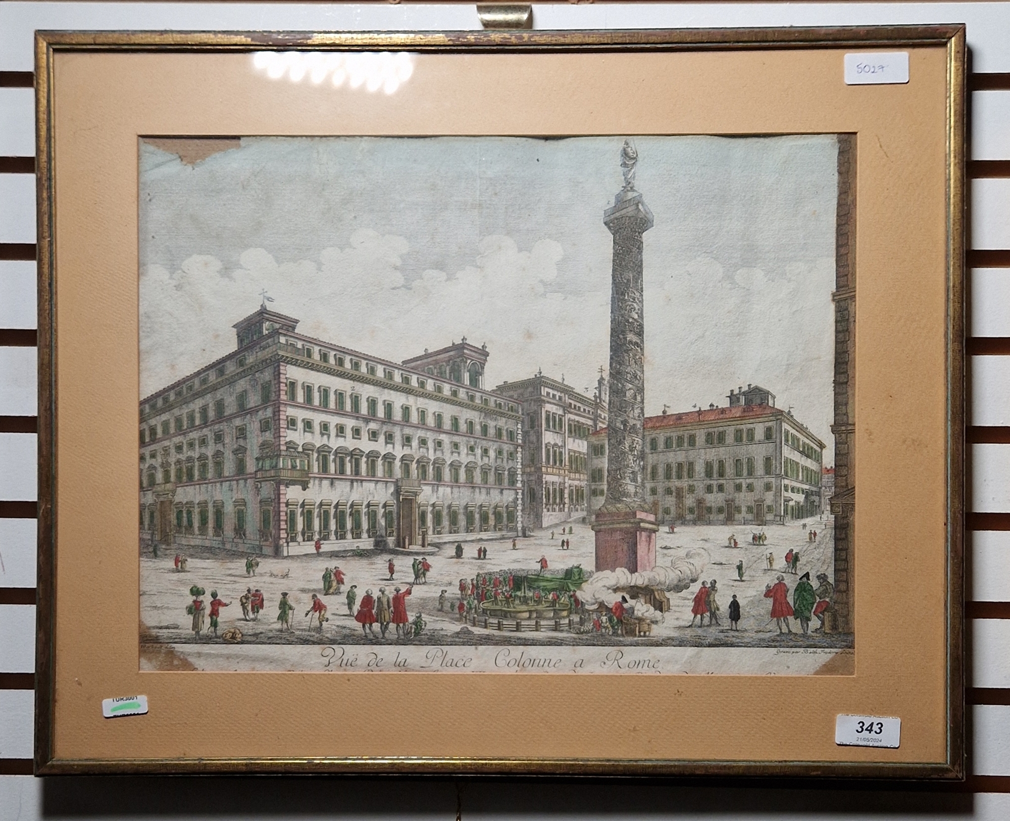 After Barbault, Vue de la Place Colonne a Rome, hand coloured engraving by Balthasar Frederic - Image 2 of 2