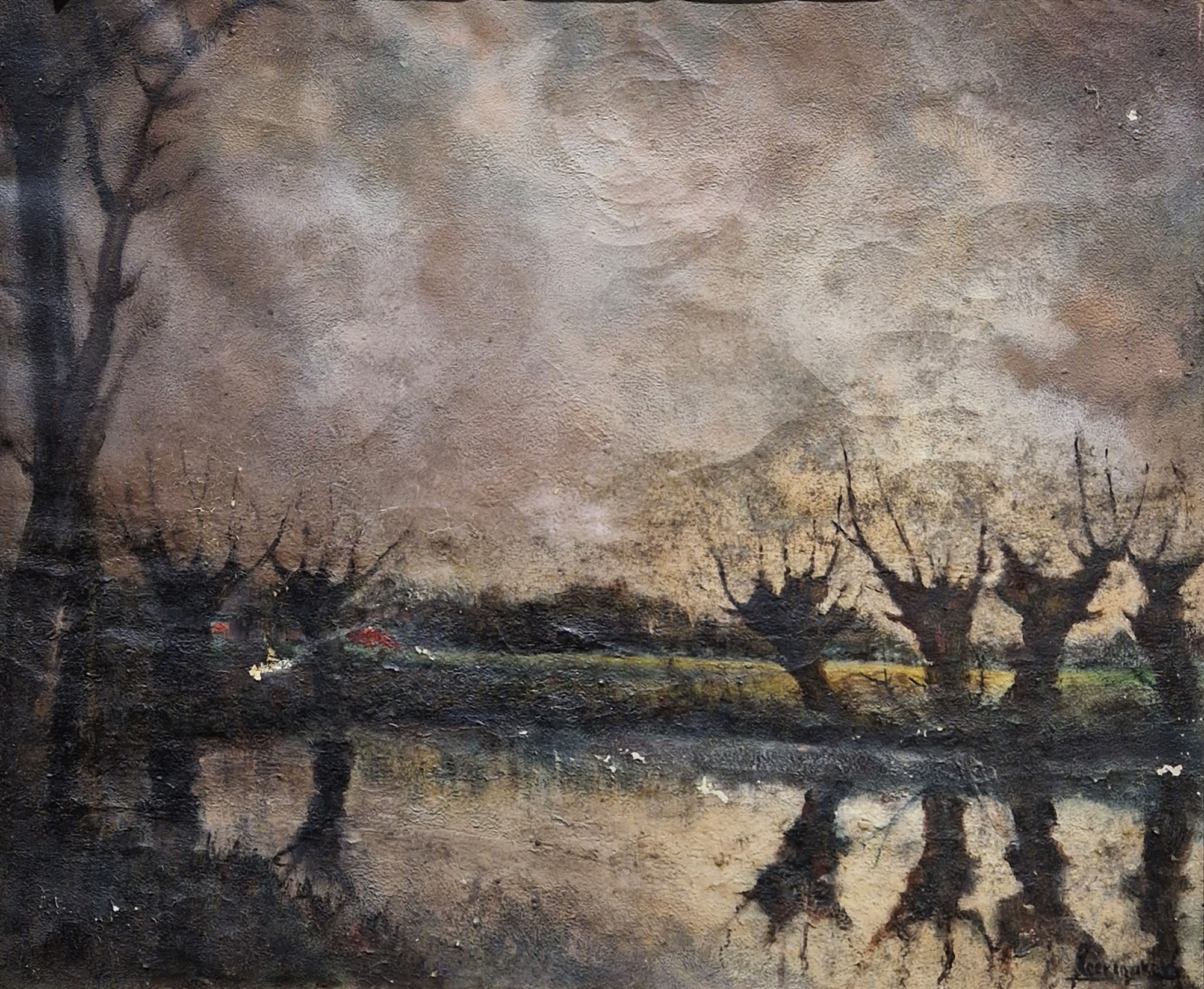 19th century Continental School Oil on canvas Tree lined misty river landscape, indistinctly - Image 6 of 10