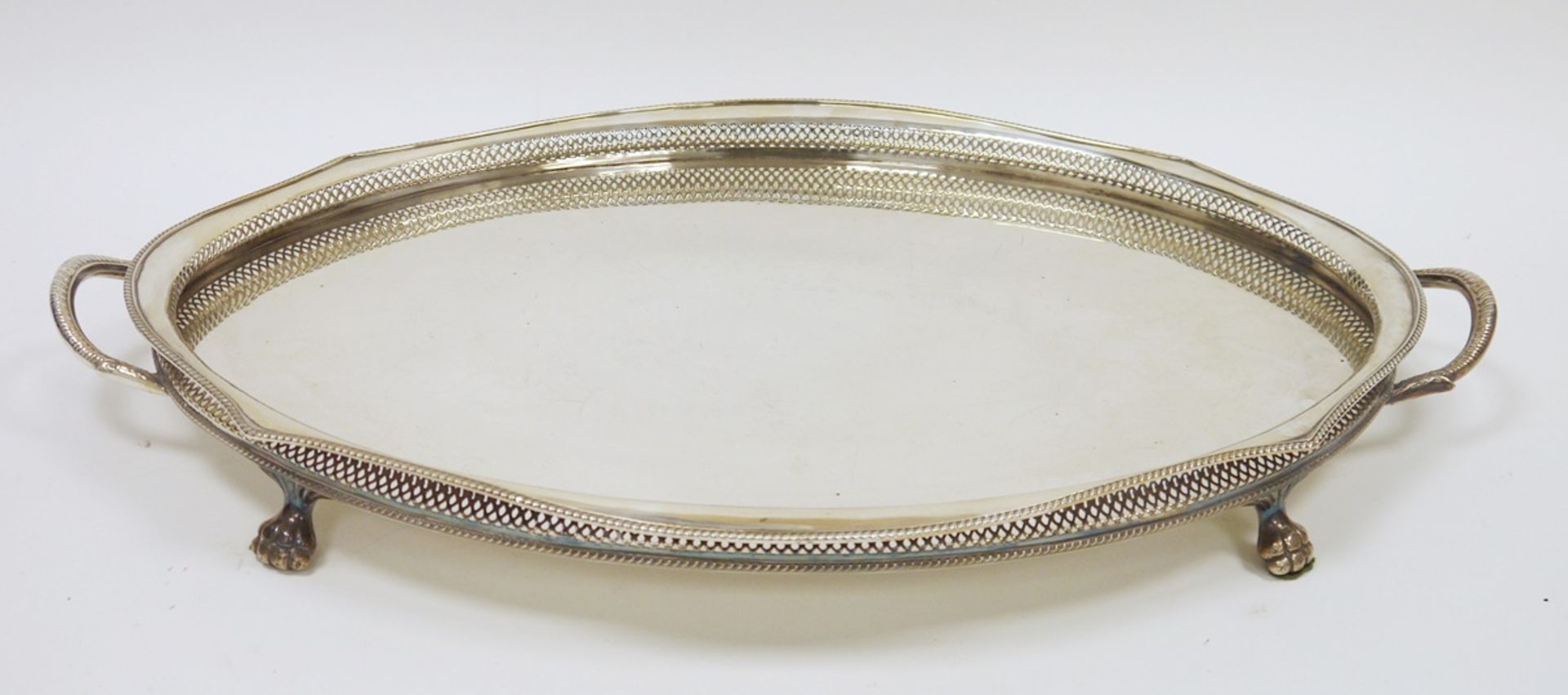 Large early 20th century oval two-handled EPNS galleried tray with beaded rim, raised on four paw - Image 2 of 2