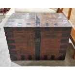 Victorian metal bound oak silver chest by Chapple & Mantell, the lid opening to reveal a variety