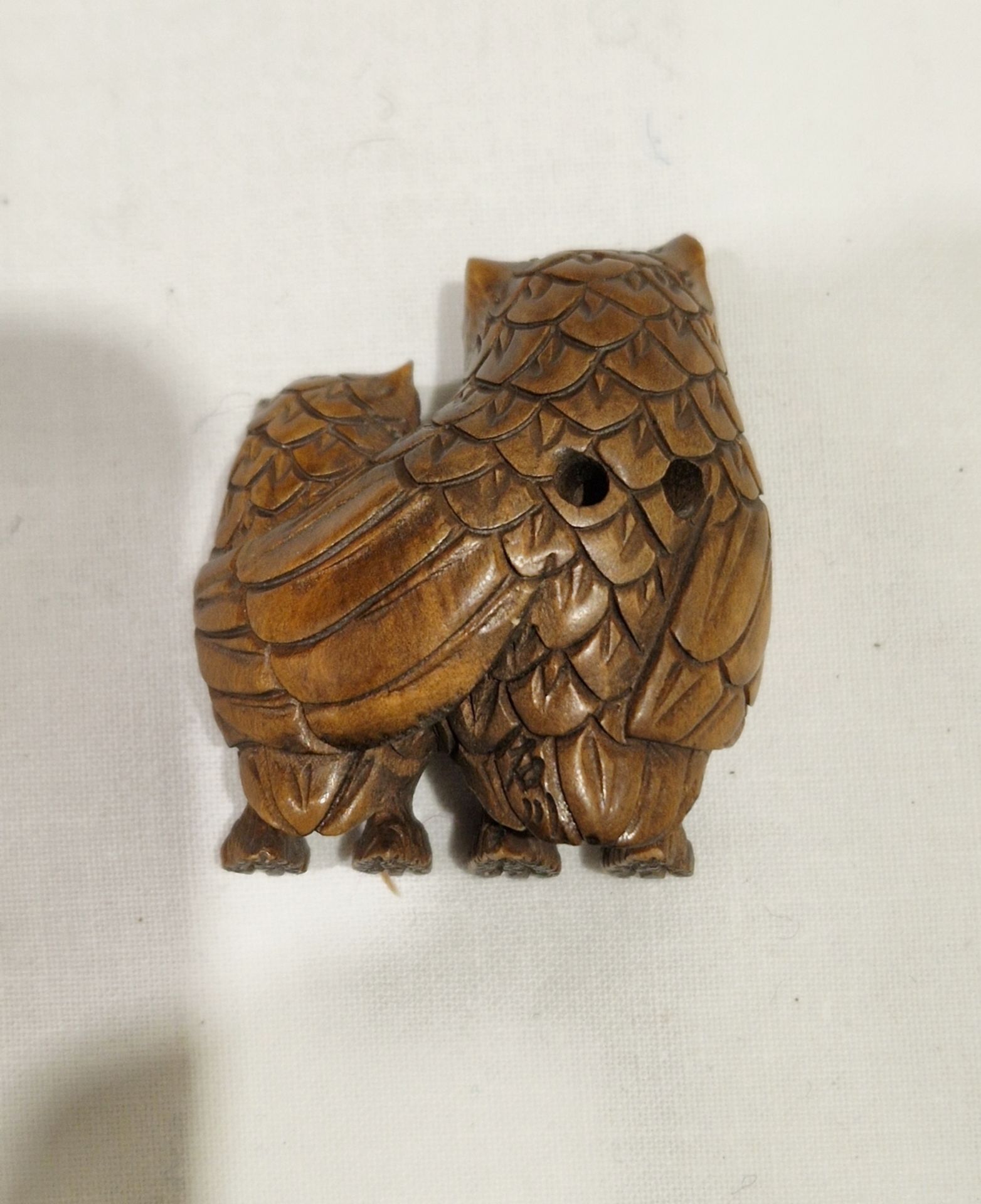 Japanese carved wood model inro of two owls pierced side by side, the larger with pierced - Image 5 of 6