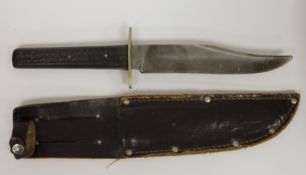 William Rogers Sheffield Bowie knife in brown leather sheath, stamped with makers mark to blade