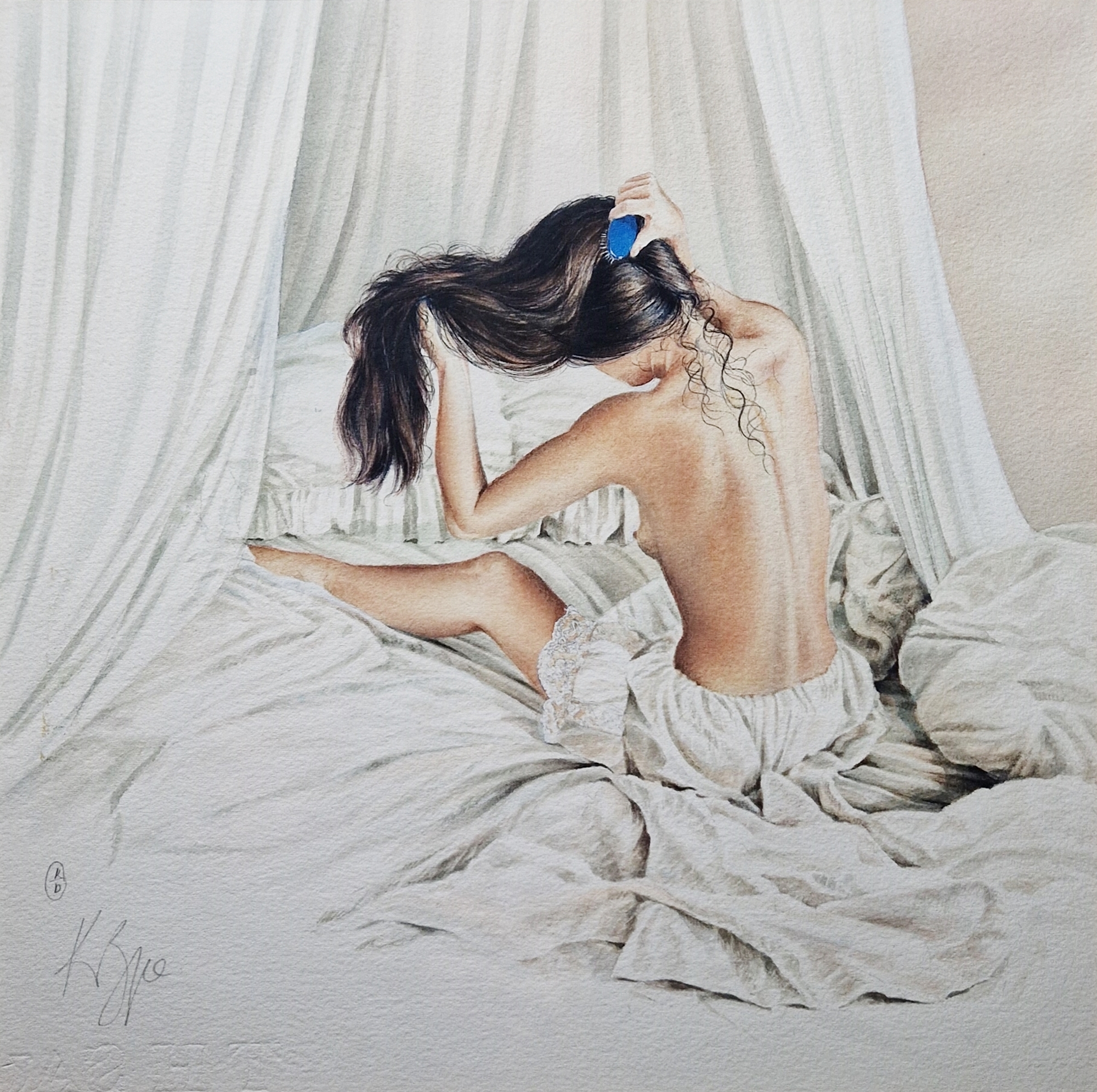 Kay Boyce (XX-XXI) Watercolour drawing Semi-nude girl seated on bed and brushing her hair, signed in