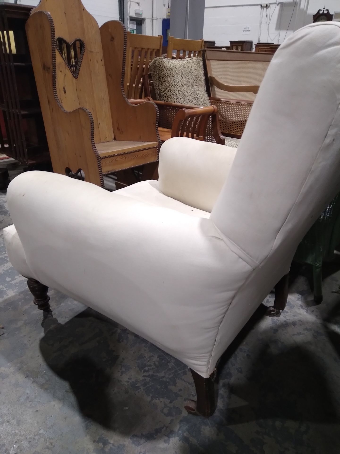 Late 19th century armchair with white upholstery, on turned front legs and castors, 90cm high - Image 14 of 14
