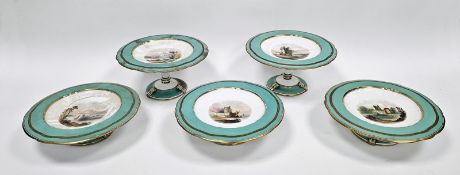 Mid 19th century English porcelain topographical part dessert service, with sea green borders