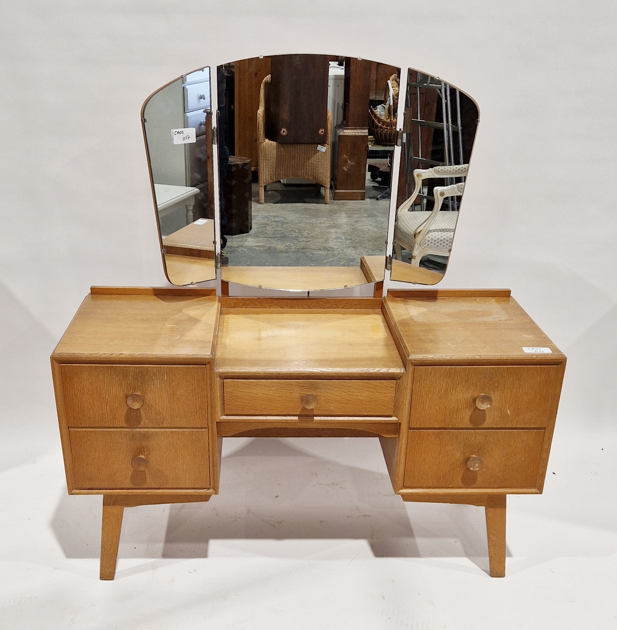 Meredew mid 20th century oak kneehole dressing table with frameless triple folding mirror, five