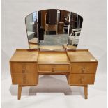 Meredew mid 20th century oak kneehole dressing table with frameless triple folding mirror, five