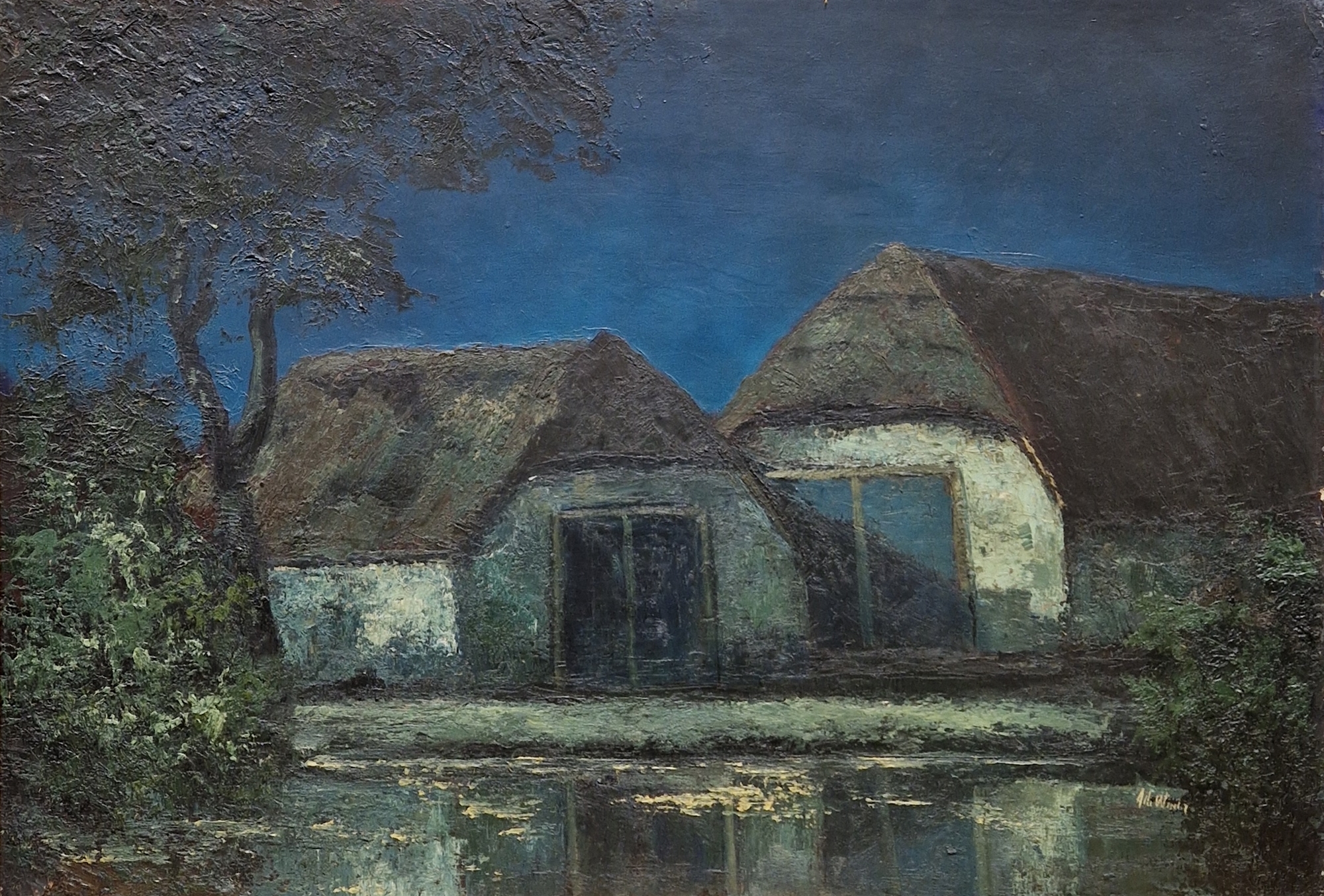 Alli Wintry/Utintry? (20th century) Oil on board Moonlit scene of two thatched barns beside a - Image 4 of 6