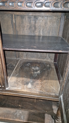 18th century oak dole cupboard, the two cupboard doors with turned spindle sections, carved and - Image 16 of 25