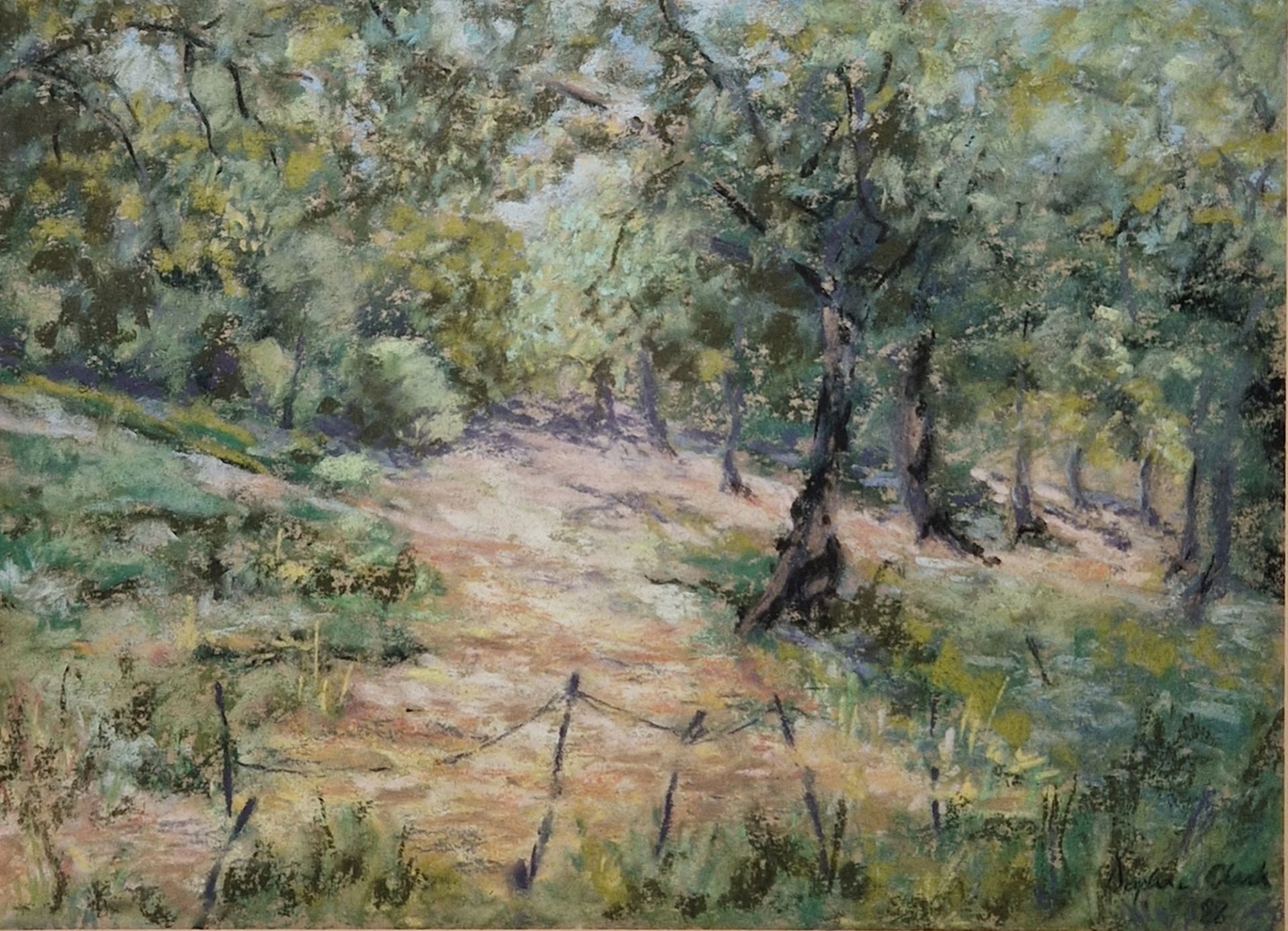 Daphne Clark (20th century) Pastel "Way Through the Grove, San Stefano, Corsica", signed lower - Image 7 of 12