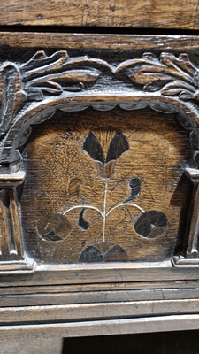 18th century oak dole cupboard, the two cupboard doors with turned spindle sections, carved and - Image 13 of 25