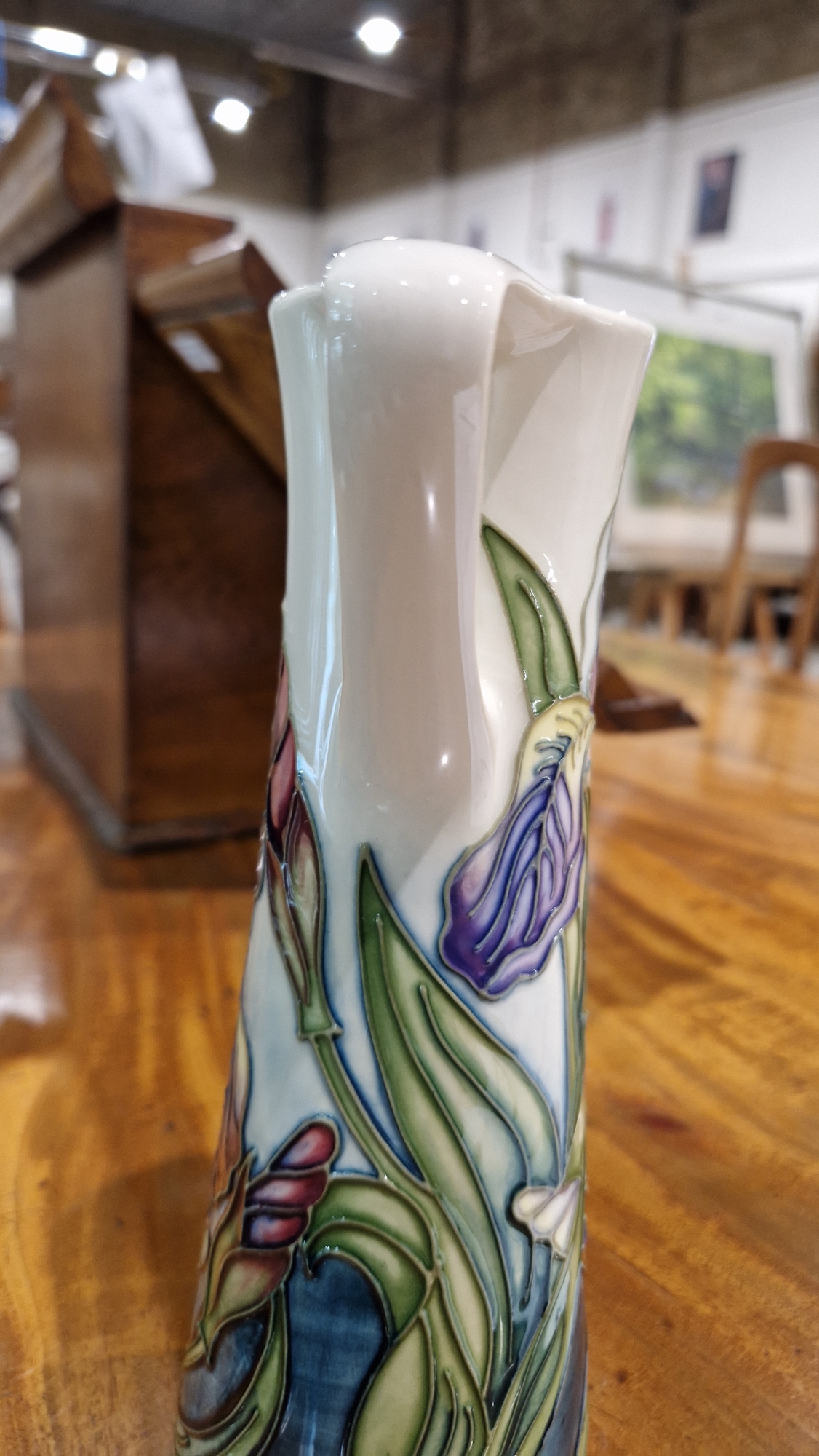 Contemporary Moorcroft tapering cylindrical jug decorated with iris pattern by Rachel Bishop, signed - Image 14 of 32