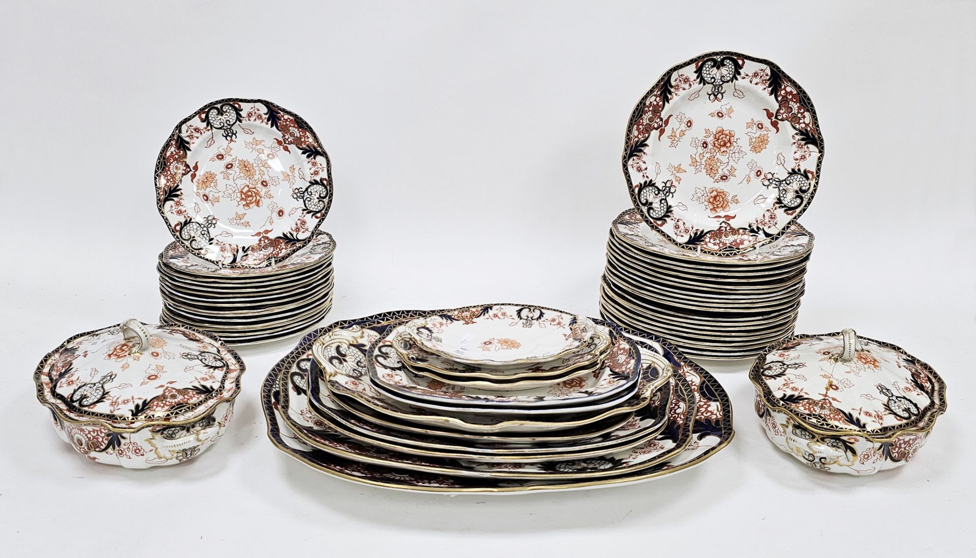 Composite Royal Crown Derby imari pattern part dinner and tea service, circa 1890, printed green