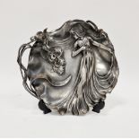 WMF German Art Nouveau pewter tray with young lady wearing flowing dress amongst foliage, numbered