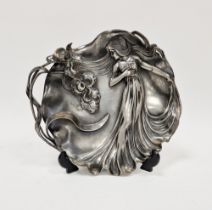 WMF German Art Nouveau pewter tray with young lady wearing flowing dress amongst foliage, numbered