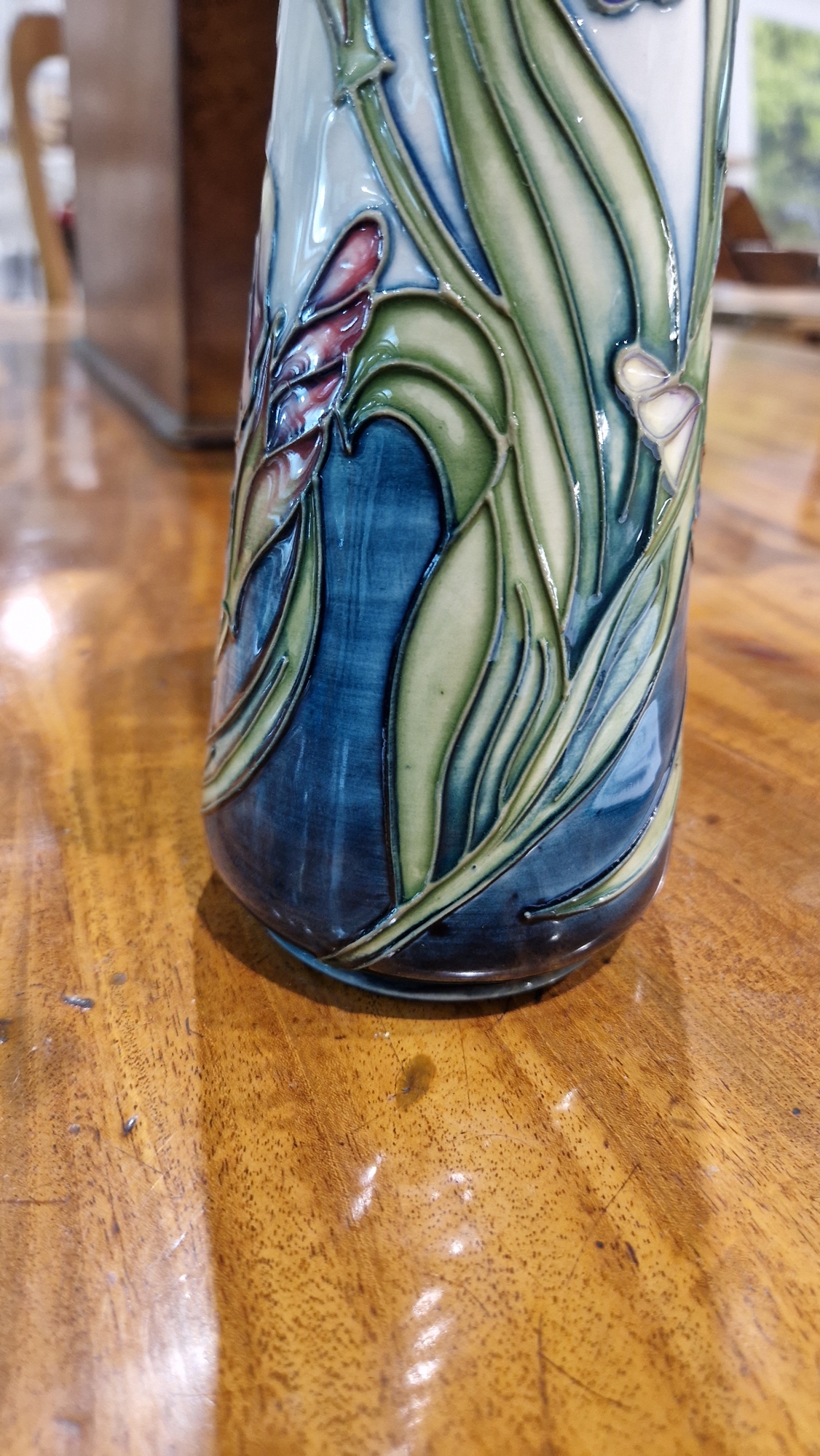 Contemporary Moorcroft tapering cylindrical jug decorated with iris pattern by Rachel Bishop, signed - Image 16 of 32