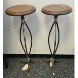 Pair of contemporary torchere stands on stylised brass-effect tripod legs, each with makers label