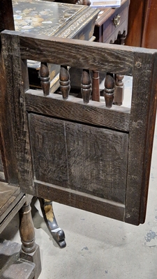 18th century oak dole cupboard, the two cupboard doors with turned spindle sections, carved and - Image 17 of 25