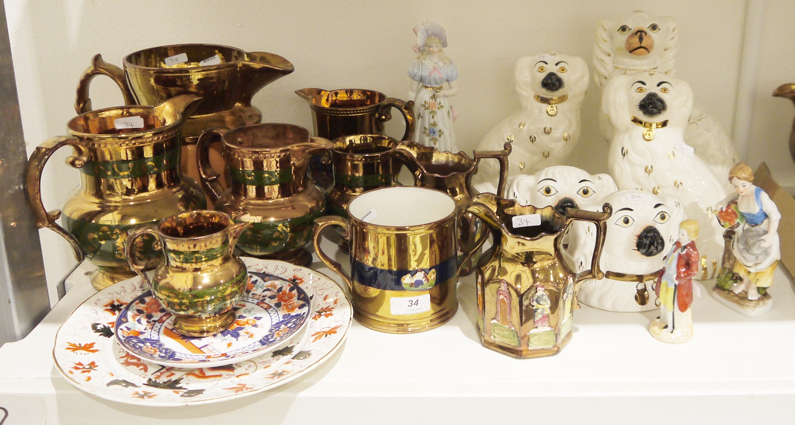 Collection of Staffordshire pottery including a group of copper lustre jugs, a two-handled loving - Image 4 of 6