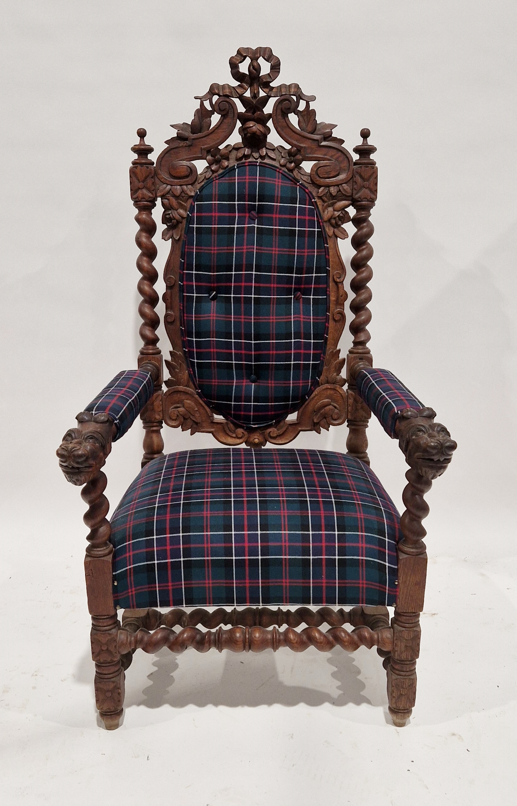 Late 19th/early 20th century carved oak throne chair with later upholstered seat, back, base and - Image 2 of 2