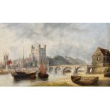 19th century school Oil on board View of Rochester Castle, sailing vessels on river in foreground,