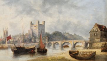 19th century school Oil on board View of Rochester Castle, sailing vessels on river in foreground,