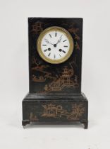 19th century Toleware mantel clock in chinoiserie decorated case, having white enamel circular