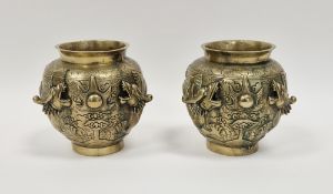 Pair of Chinese 20th century gilt bronze dragon vases, each with archaic character seal mark to